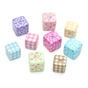 Mixed set of acrylic cube beads with floral, checkered and heart patterns for DIY crafts