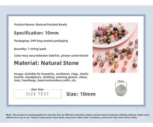 Detail view of 10mm faceted natural stone beads with size measurement for DIY jewelry making