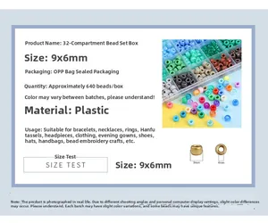 Detail of 32-compartment jewelry kit with 9x6mm plastic barrel beads for DIY bracelets