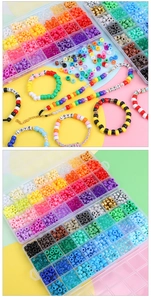Macro shot of 32-compartment DIY bead kit with colorful letter and barrel beads