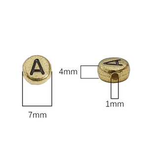 Golden 7mm acrylic letter A bead for DIY jewelry making with matte finish and black font
