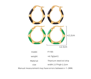 Detailed specs of wavy gold-plated titanium earrings with black and green drip oil enamel