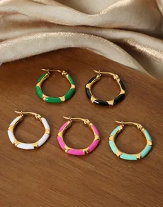 Macro shot of colorful enamel hoop earrings in five shades on a wooden display