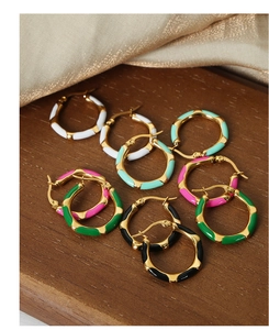 Detailed close-up of colorful enamel hoop earrings in gold-plated stainless steel