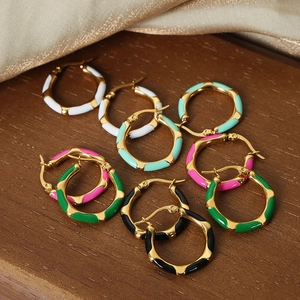 Vintage Candy Color Enamel Hoop Earrings Gold Plated Titanium Steel Geometric Wave Bamboo Joint Earrings For Women Jewelry