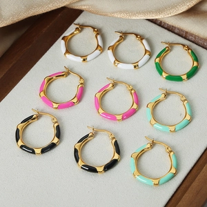 Colorful geometric hoop earrings with enamel drip design on gold-plated stainless steel