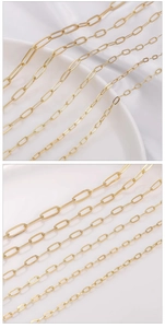 Detailed view of various sizes of 14K gold filled paperclip chains for DIY jewelry making