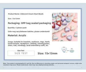 Detailed macro view of 15x13mm acrylic heart beads with a colorful cream rainbow finish