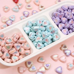 Colorful iridescent heart-shaped acrylic beads for DIY jewelry making in pastel colors