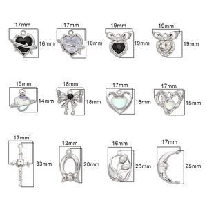 Detailed size chart for assorted silver alloy moon and bow jewelry charms and pendants