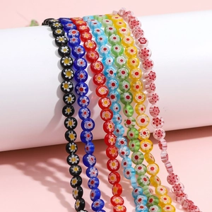 Colorful Millefiori flower glass beads in flat round shape for DIY jewelry making