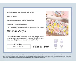 Detail of 8mm and 12mm blue acrylic beads with sizing chart for DIY jewelry making