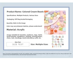 Detailed size chart of colorful acrylic beads featuring heart and bow shapes for DIY jewelry