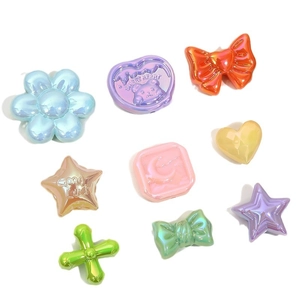 Colorful iridescent acrylic beads in bow, heart, and bear shapes for DIY jewelry making