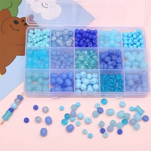 Kit de perles en verre bleu avec boîte de rangement 15 grilles pour bijoux DIY