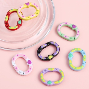 Colorful heart-pattern oval spring rings for keychains and jewelry making accessories