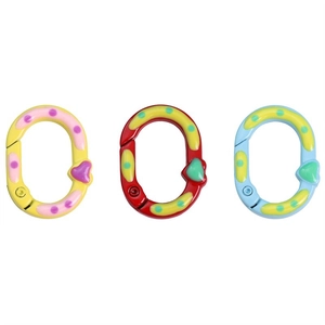 Three colorful heart-patterned oval spring clasps for keychains and DIY crafts