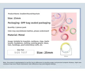 Macro detail of 25mm gradient round metal key ring with size measurements and spring clip