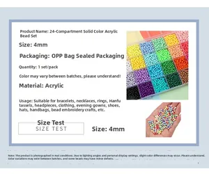 Macro detail of 4mm colorful acrylic beads in a 24-grid organizer for DIY jewelry making