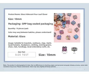 Detailed view of 10mm iridescent four-leaf clover glass beads with 1mm center hole for DIY