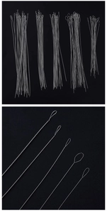 Detailed macro view of spiral twisted stainless steel beading needles in various lengths