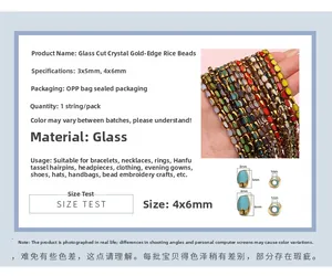 Size detail and macro view of oval faceted crystal glass beads with gold edge for DIY