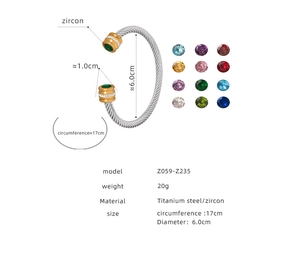 Vue détaillée du bracelet en acier titane avec zircon vert et tableau des tailles