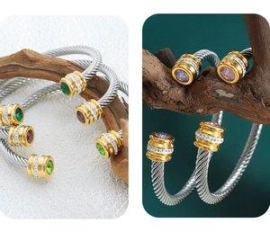 Vue détaillée du bracelet câble torsadé avec zircons colorés et embouts dorés élégants