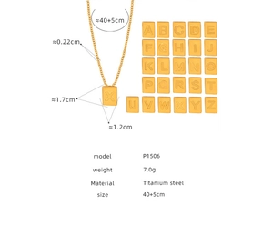 Detailed size specifications for titanium steel square letter pendant necklace set