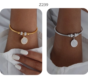 Dettaglio di bracciali a catena serpente oro e argento con ciondoli in zircone lucido
