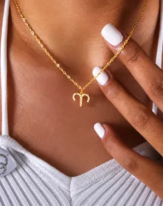 Detailed view of a gold Aries zodiac pendant necklace with white crystals on a model