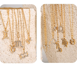 Detailed macro view of gold-plated zodiac pendants with sparkling white rhinestones