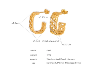 Detailed technical diagram of gold hollow mesh titanium earrings with Czech diamonds