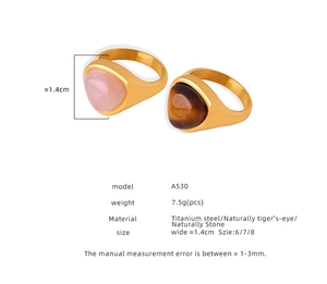 Detailed size chart for stainless steel rings featuring tiger eye and rose quartz stones