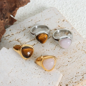 Elegant gold and silver titanium steel rings with triangle tiger eye and rose quartz stones