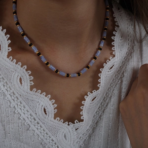 Collier Bohème en Pierre d'Aigue-marine Naturelle Cylindrique Perlé Acier Titane Agate Noire Bijoux pour Femmes