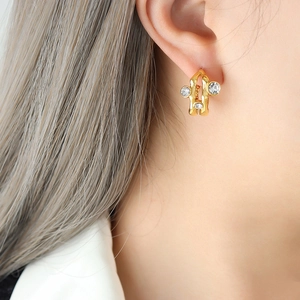 C-Shape Hoop Earrings Irregular Lava Texture Titanium Steel Inlaid Zircon French Vintage Light Luxury Jewelry For Women