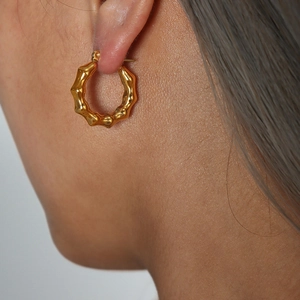 Pendientes de Aro de Bambú de Acero de Titanio Vintage Chapados en Oro Plata Forma de C Joyería Geométrica Mujer