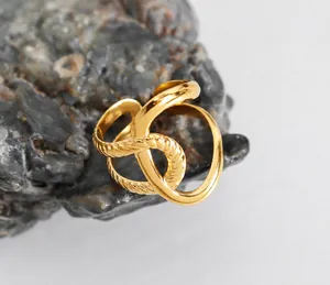 Detail eines goldenen, verschlungenen Rings mit Knotenstruktur auf steinigem Grund