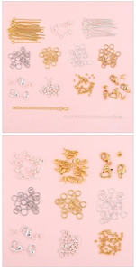 Macro detail of 14k gold-plated lobster clasps and extension chains for DIY jewelry making