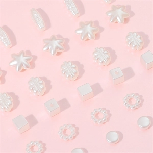 Polished ABS pearl white beads in star, ring and cube shapes for DIY jewelry making