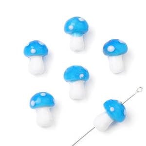 Handmade blue mushroom glass beads with white dots for DIY necklace and earring making