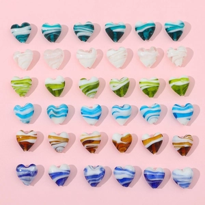 Χάντρες Γυάλινες Lampwork σε Σχήμα Καρδιάς Ζωγραφισμένες στο Χέρι Ριγέ Χάντρες Χύμα για DIY Βραχιόλια Κολιέ Κοσμήματα
