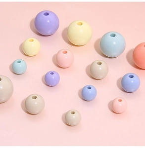 Macro view of colorful macaron acrylic round beads with holes for DIY jewelry making