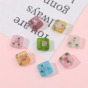 Frosted purple matte glass square beads with hand-painted rose for DIY jewelry making