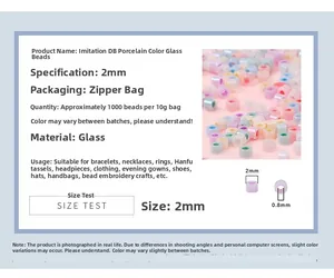Detailed specs of 2mm macaron glass seed beads for DIY jewelry with dimensions and size info