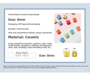 Detailed specs of 8mm square ceramic beads in vibrant colors for DIY jewelry making