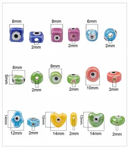 Detailed size chart of assorted ceramic evil eye beads for DIY jewelry making