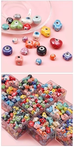 Detailed view of colorful evil eye ceramic beads in various shapes for DIY jewelry making