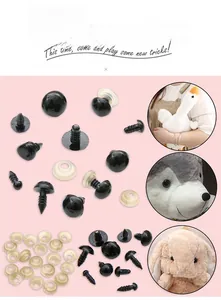 Macro detail of black acrylic safety eyes with threaded stems and washers for plush toys
